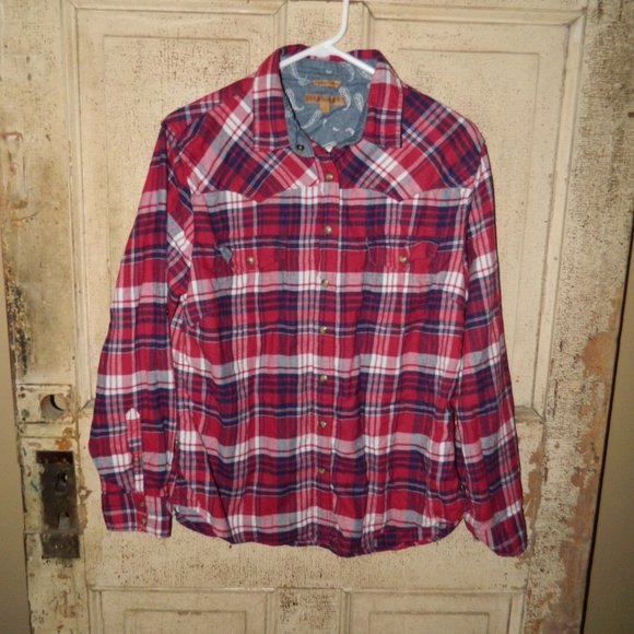 JACHS GIRLFRIEND Red Plaid Snap Western Flannel Paisley Shirt Size L  (DD-25) - Picture 1 of 4